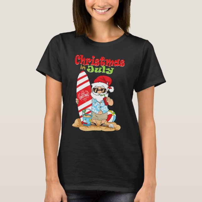 Christmas In July Surfing  Santa Summer Beach Vaca T-Shirt (Front)