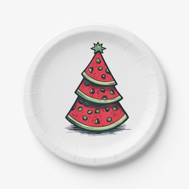 Christmas in July Watermelon Christmas Tree  Paper Plates (Front)