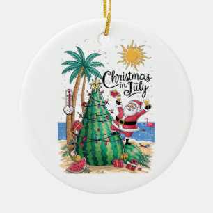 Christmas in July Watermelon Xmas Tree Santa Beach Ceramic Ornament