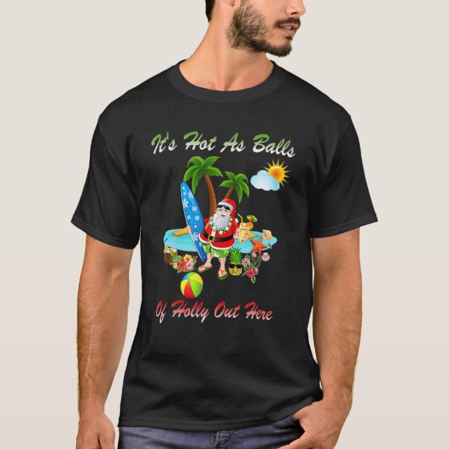 Christmas In July With Pink Flamingo In Santa Hat T-Shirt (Front)