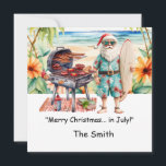 Christmas in July with Santa at Beach Holiday Card<br><div class="desc">it’s the perfect way to send festive cheer in the middle of summer. Whether you're celebrating Christmas in July, hosting a beach-themed holiday party, or simply spreading a little joy, this unique card will brighten anyone's day. The blank interior gives you plenty of room for your personal message, making it...</div>