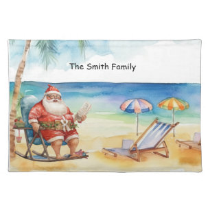 Christmas in July with SANTA CLAUS at beach Cloth Placemat