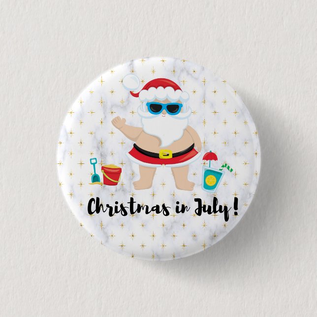 Christmas in July with Santa Claus at the Beach Button (Front)