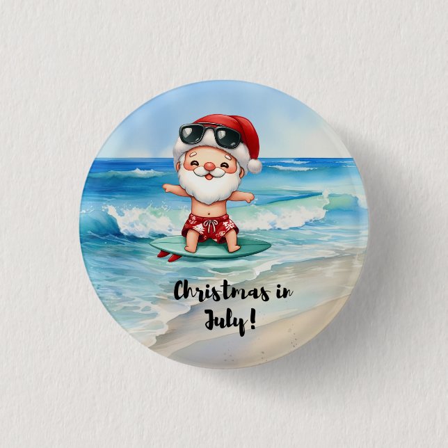 Christmas in July with Santa Claus at the Beach Button (Front)