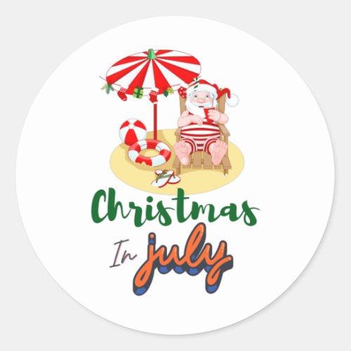 Christmas in July with SANTA CLAUS on the beach  Classic Round Sticker