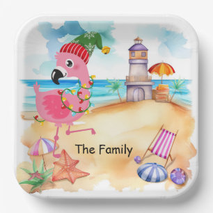 Christmas in July with SANTA flamingo Paper Plates