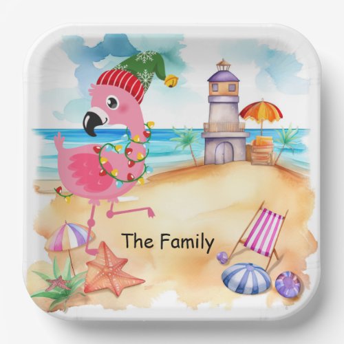 Christmas in July with SANTA flamingo Paper Plates