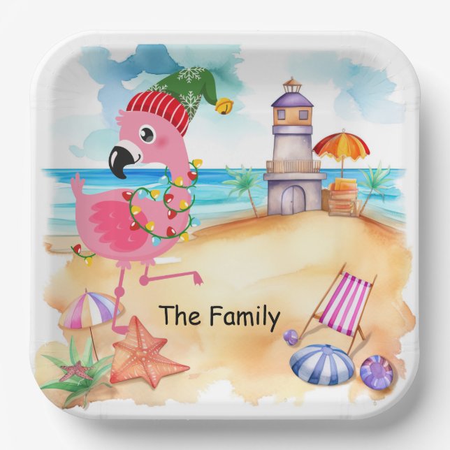 Christmas in July with SANTA flamingo Paper Plates (Front)