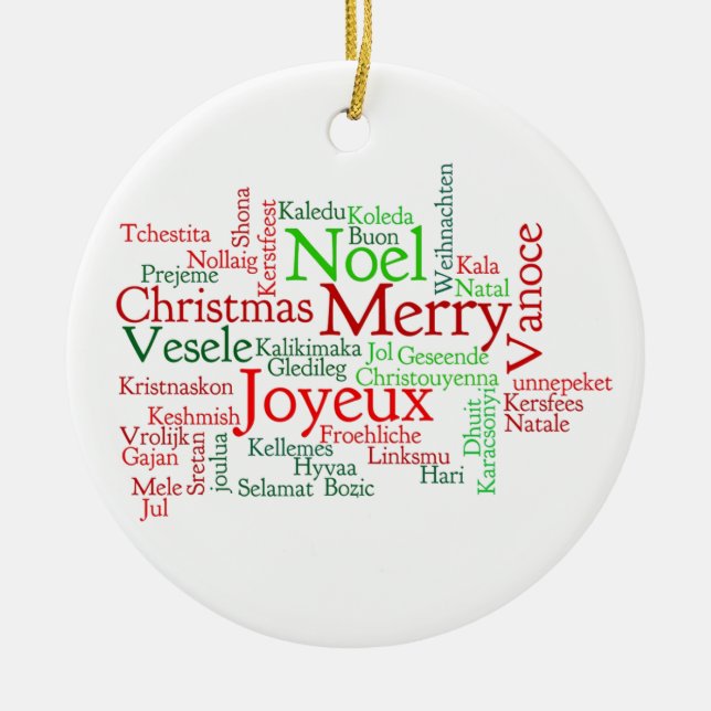 Christmas in many languages ceramic ornament (Front)
