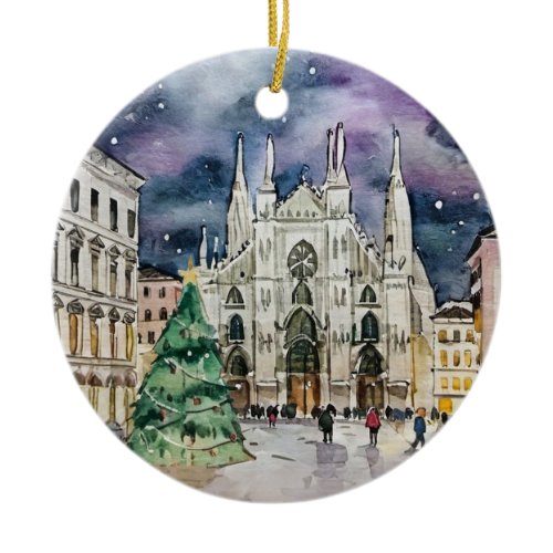 Christmas in Milan Italy Watercolor Travel Ceramic Ornament