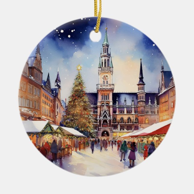 Christmas in Munich Germany Watercolor Ceramic Ornament (Front)