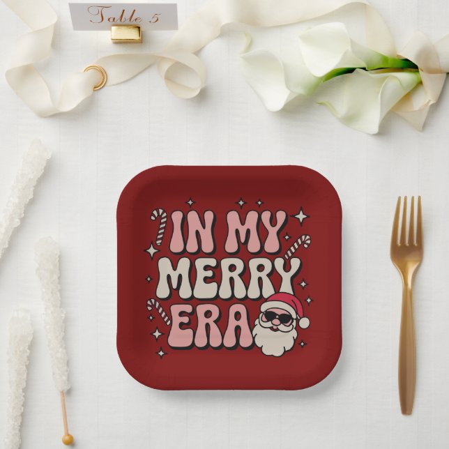 Christmas in My Merry Era Cute Groovy Xmas Paper Plates (Wedding)