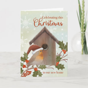 Christmas in New Home Bird and Birdhouse Card