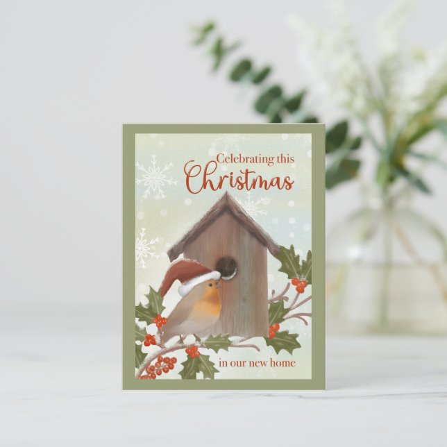 Christmas in New Home Bird and Birdhouse Postcard (Standing Front)