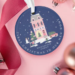 Christmas In New Home Cute Town & Pink Retro Van Ornament<br><div class="desc">The Perfect ornament keepsake for new couples, newlyweds, and families celebrating their first Christmas in their new home. Our vintage holiday design features a fun vintage town scenery and landscape. Every little detail is captured in this quaint little neighborhood. Features Pink houses decked out in festive decorations, pink snow covered...</div>