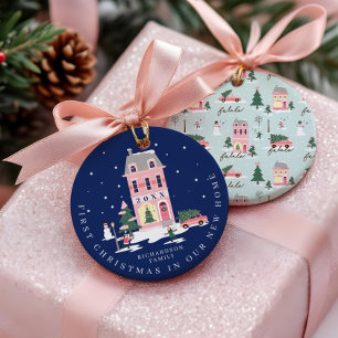Christmas In New Home Cute Town & Pink Retro Van Ornament