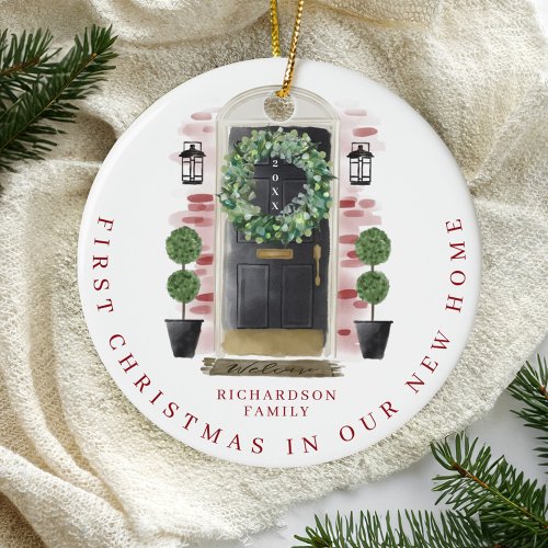 Christmas In New Home Watercolor Black Door Wreath Ceramic Ornament