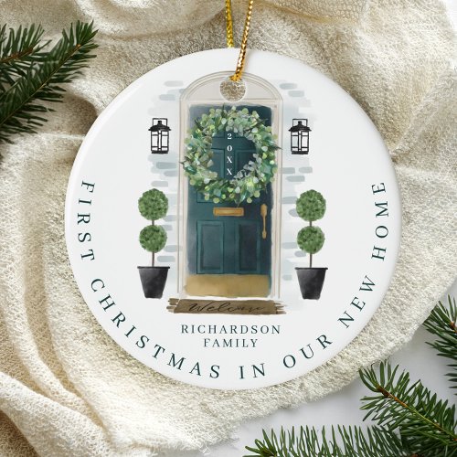 Christmas In New Home Watercolor Green Door Wreath Ceramic Ornament