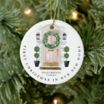 Christmas In New Home Watercolor Pink Door Wreath Ceramic Ornament<br><div class="desc">Perfect ornament keepsake for new couples, newlyweds, and families celebrating their first Christmas in their new home. Our design features our own hand-painted watercolor pink front door with a festive Christmas holiday wreath. Accented with touches of gold on the mailbox slot, door handle, and door kickplate, black outdoor wall lights,...</div>