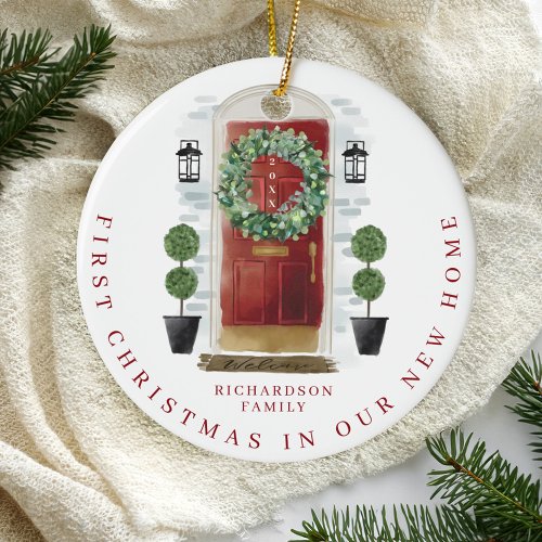 Christmas In New Home Watercolor Red Door Wreath Ceramic Ornament