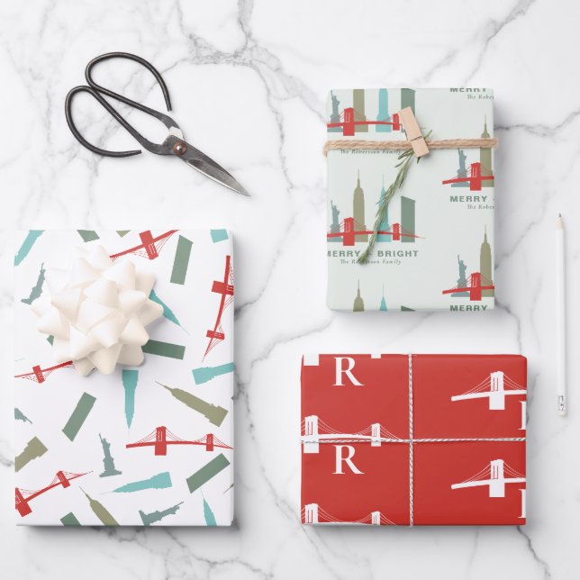 Christmas in New York Personalized Architecture Wrapping Paper Sheets (Front)