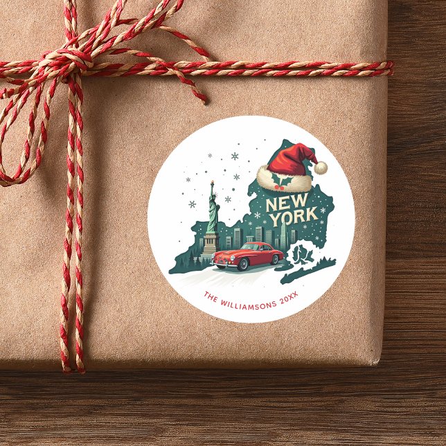 Christmas In New York State Personalized Holiday Classic Round Sticker (Personalize with Family Name and year, or add other text, or delete.  See Collection for other items)