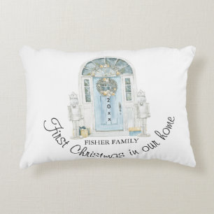 Christmas In Our New Home Watercolor Blue Door Accent Pillow