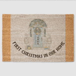 Christmas In Our New Home Watercolor Blue Door Fiber Doormat