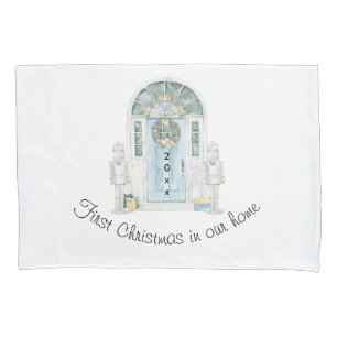 Christmas In Our New Home Watercolor Blue Door Pillow Case