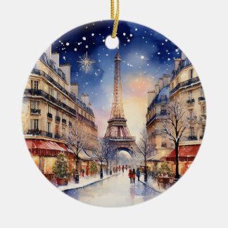 Christmas in Paris Eiffel Tower Watercolor Ceramic Ornament