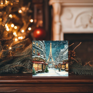 Christmas in Paris: Snowy Eiffel Tower Night Holiday Card