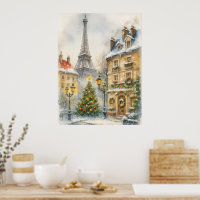 Christmas in Paris Watercolor Eiffel Tower Scene
