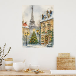 Christmas in Paris Watercolor Eiffel Tower Scene Poster