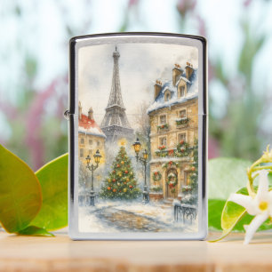 Christmas in Paris Watercolor Eiffel Tower Scene Zippo Lighter