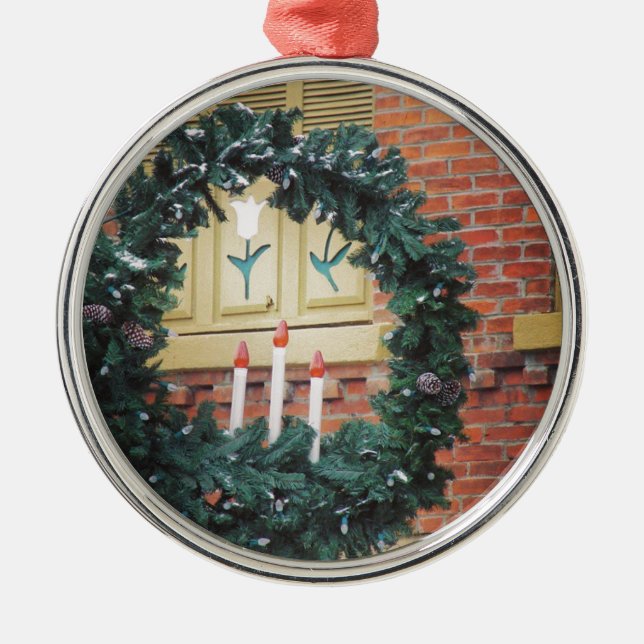 Christmas in Pella, Iowa Holiday Decorated Lights Metal Ornament (Front)