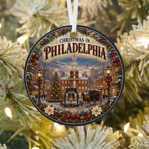 Christmas in Philadelphia Vintage Travel Keepsake Metal Ornament