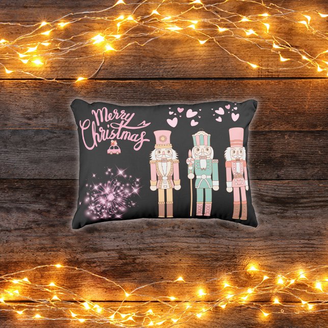 Christmas in Pink Nutcrackers on Black |  Outdoor Pillow (Creator Uploaded)
