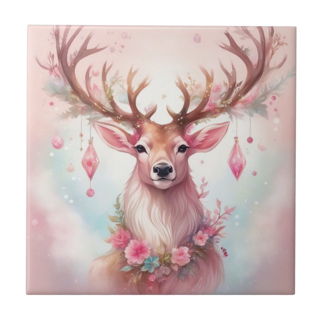 Christmas in pink: reindeer with pink Christmas Ceramic Tile (Front)