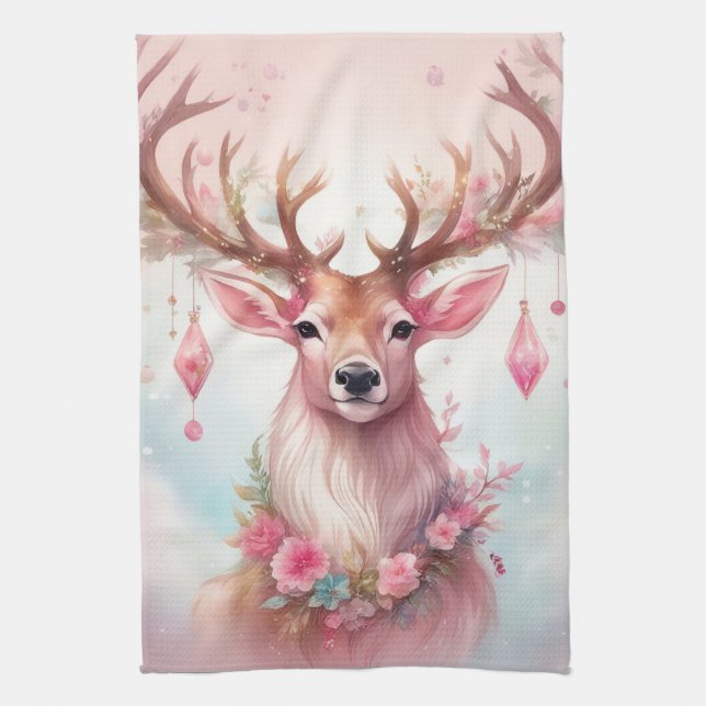 Christmas in pink: reindeer with pink Christmas Kitchen Towel (Vertical)