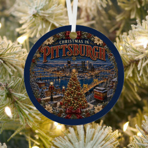 Christmas in Pittsburgh Vintage Travel Keepsake Metal Ornament