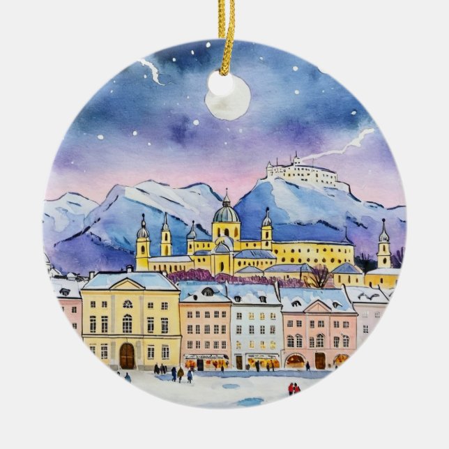 Christmas in Salzburg Austria Watercolor Ceramic Ornament (Front)