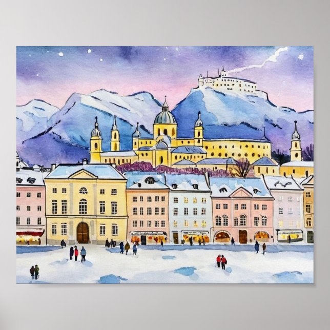 Christmas in Salzburg Austria Watercolor Poster (Front)