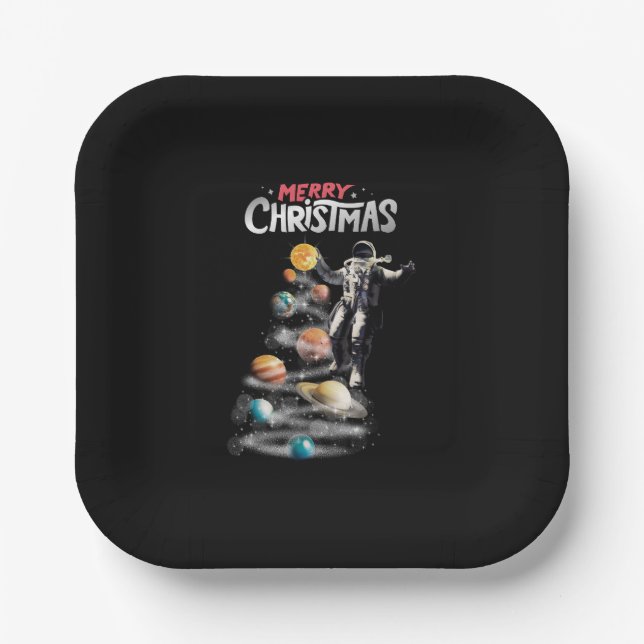 Christmas in Space Solar System Astronaut Invitati Paper Plates (Front)