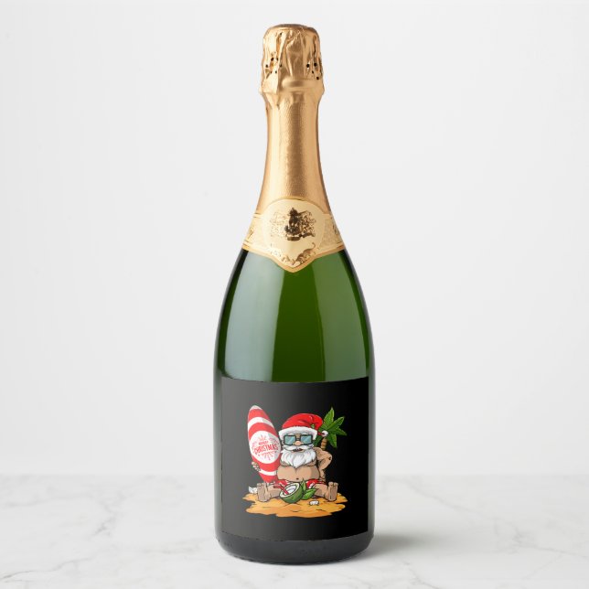 Christmas in Summer Funny Santa Hawaiian Beach Sparkling Wine Label (Front)