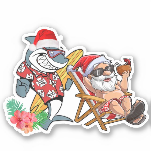 Christmas in Summer Santa Shark Hawaiian Surfing Sticker (Front)