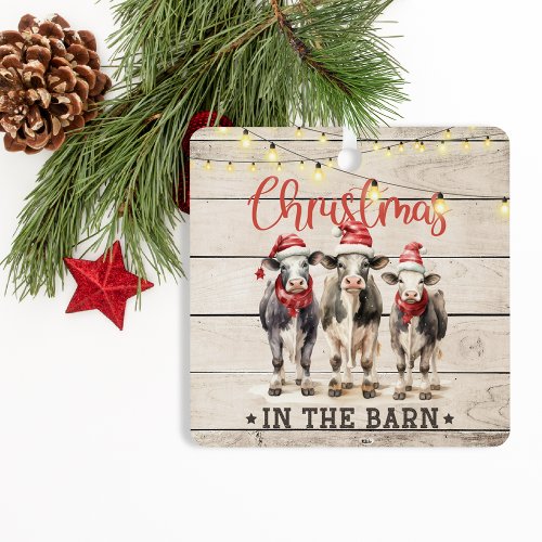 Christmas in the Barn Cows Wearing Santa Hats Metal Ornament