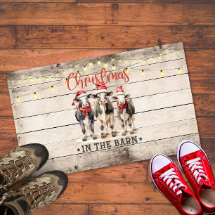Christmas in the Barn Cows Wearing Santa Hats Outdoor Rug