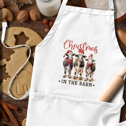 Christmas in the Barn Rustic Cows in Santa Hats Adult Apron