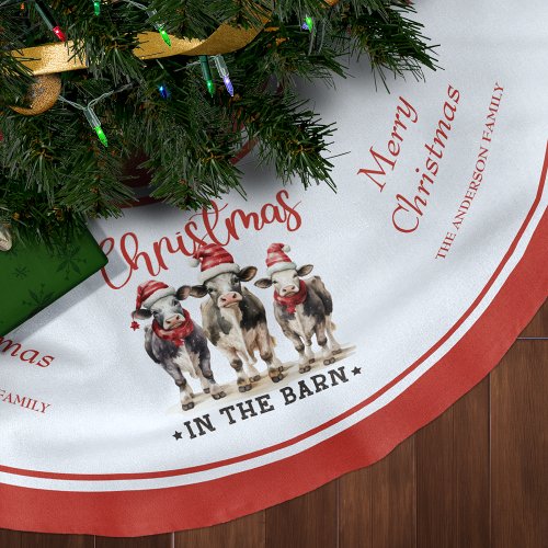 Christmas in the Barn Rustic Cows in Santa Hats Brushed Polyester Tree Skirt