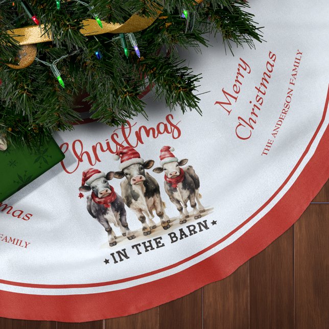 Christmas in the Barn Rustic Cows in Santa Hats Brushed Polyester Tree Skirt (Creator Uploaded)
